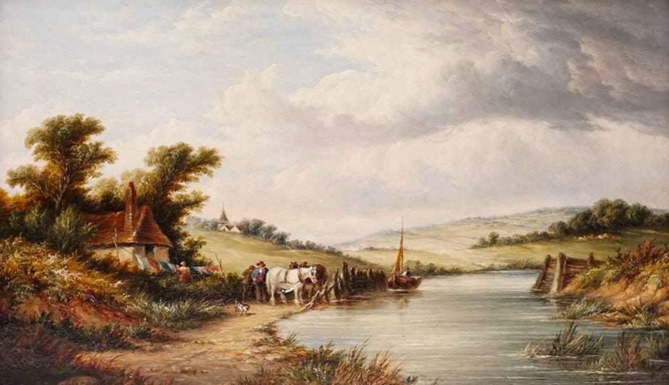 VICKERS, Alfred I (1786-1868): Description française:VICKERS, Alfred I (1786-1868)Sans titre - Figures et chevaux de trait à l'extérieur d'une chaumièreHuile sur panneauSignée en bas à gauche:A. VickersProvenance:Succession d