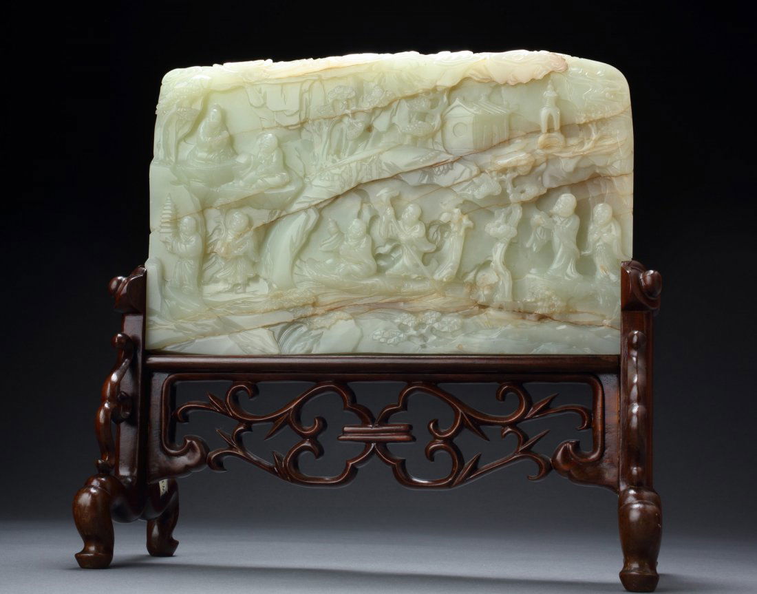 IMPORTANT & ANTIQUE WHITE JADE LOHAN SCREEN - Important: FROM AN IMPORTANT MONTREAL COLLECTION [LOTS 1104, 1107, 1119, 1124, 1130, 1133, 1136, 1138, 1139, 1145-1148, 1230] FINE AND RARE, A SCHOLAR’S ANTIQUE JADE TABLE SCREEN OF LOHAN CHINA, CARVED BOTH SI