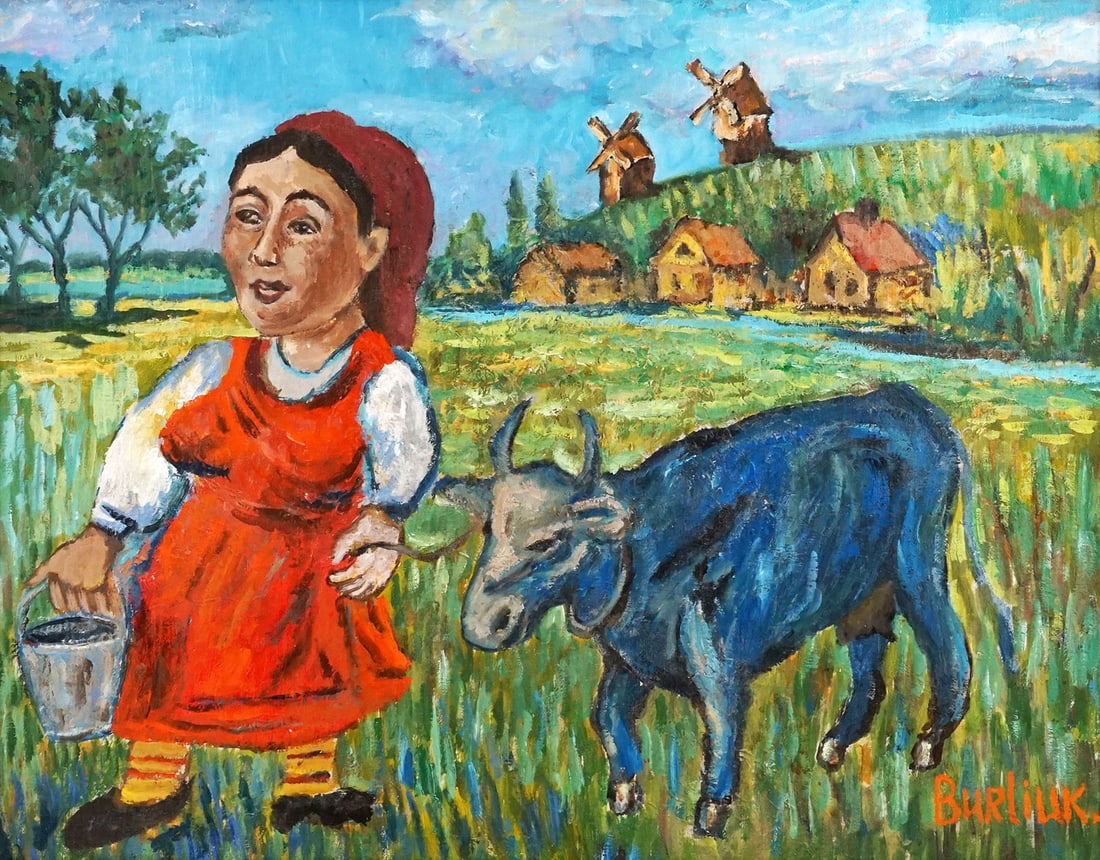 BURLIUK, David (1882-1967): Description française: BURLIUK, David (1882-1967) Sans titre - Fermière et vache Huile sur toile Signée en bas à droite: Burliuk Provenance: Collection de Mme I.T., Toronto, Ontari