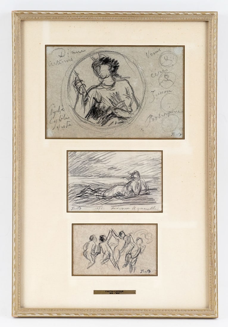 FANTIN-LATOUR, Henri-Théodore (1836-1904): Description française: FANTIN-LATOUR, Henri-Théodore (1836-1904) Sans titre Suite de 3 fusains sur papier, encadrés ensemble Tous signés: Fantin L'un daté: 1875 Inscriptions