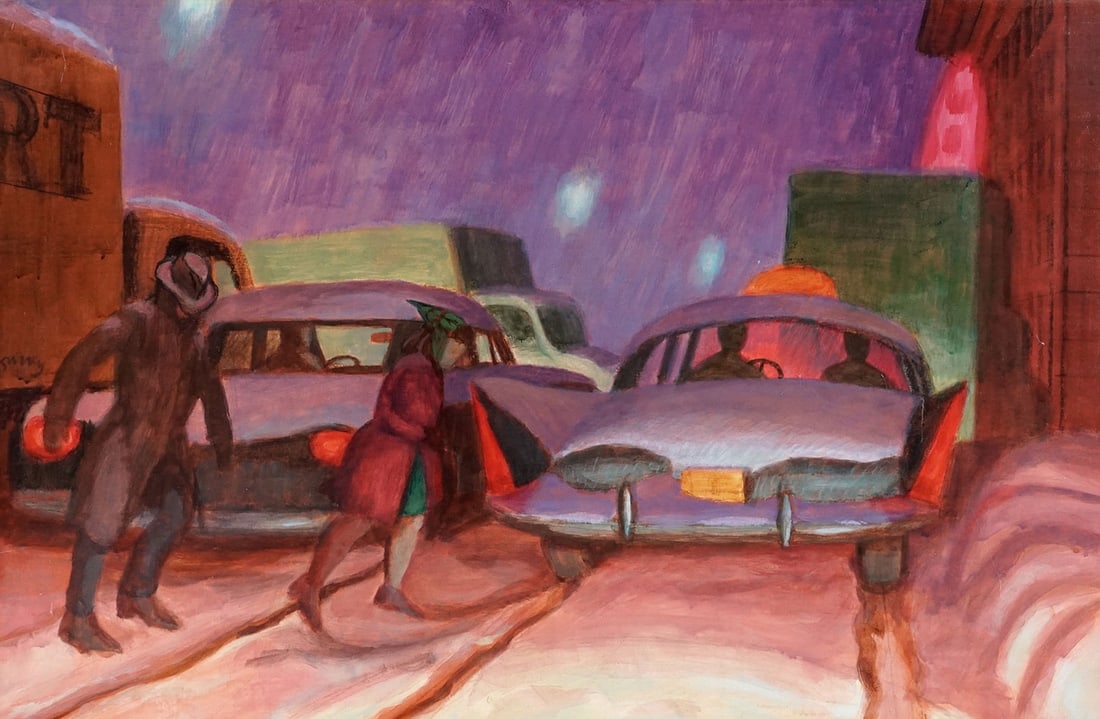 SURREY, Phillip Henry Howard (1910-1990): Description française: SURREY, Phillip Henry Howard (1910-1990) "Trafic d'hiver (Winter traffic)"" Huile sur isorel Signée à gauche: Surrey Titrée au dos sur étiquettes
