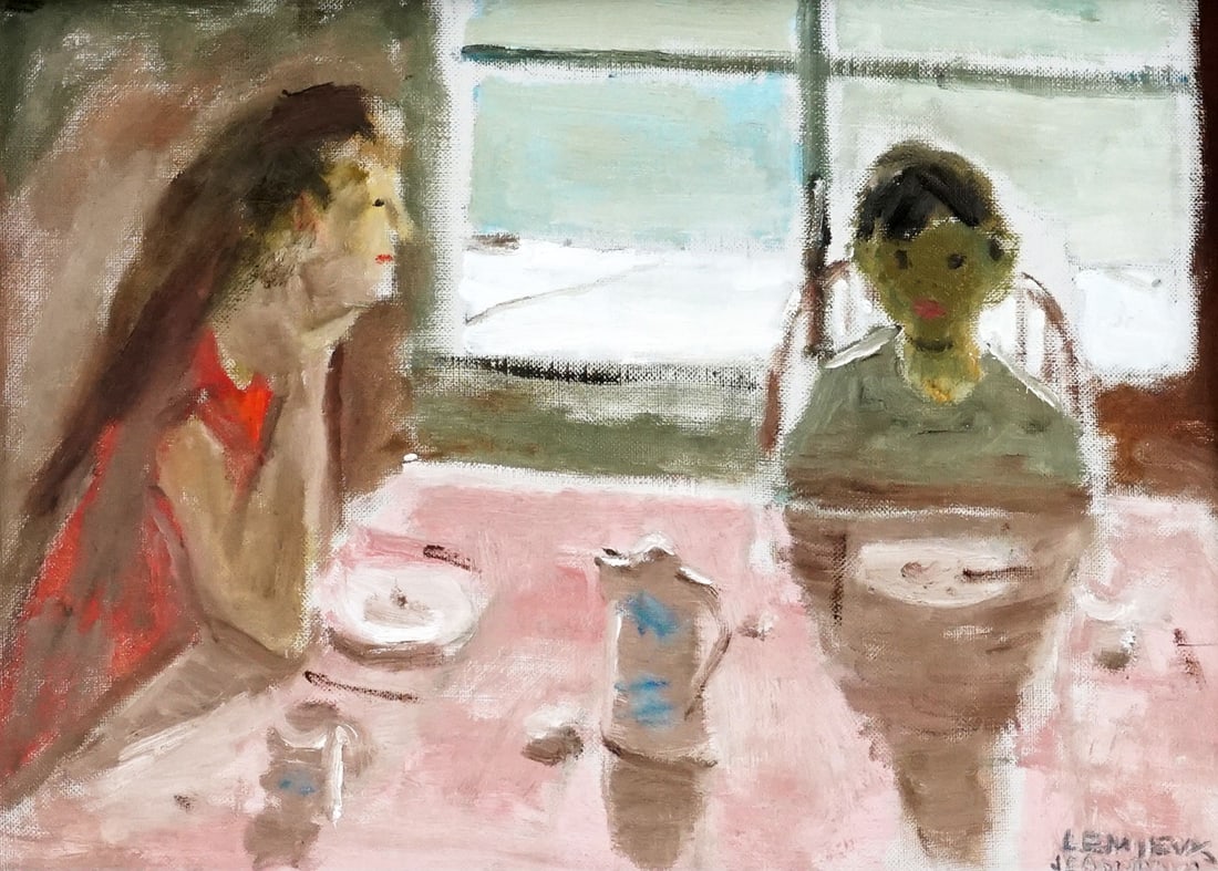 LEMIEUX, Jean Paul (1904-1990): Description française: LEMIEUX, Jean Paul (1904-1990) "Le petit déjeuner" Huile sur toile Signé en bas à droite: Jean Paul Lemieux Titrée au dos sur le châssis