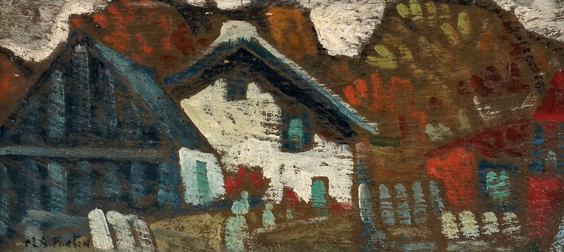 FORTIN, Marc-Aurèle (1888-1970): Description française: FORTIN, Marc-Aurèle (1888-1970) Sans titre - Maisons dans les arbres Huile sur panneau de bois Signée en bas à gauche: M.A. Fortin Provenance: Collection