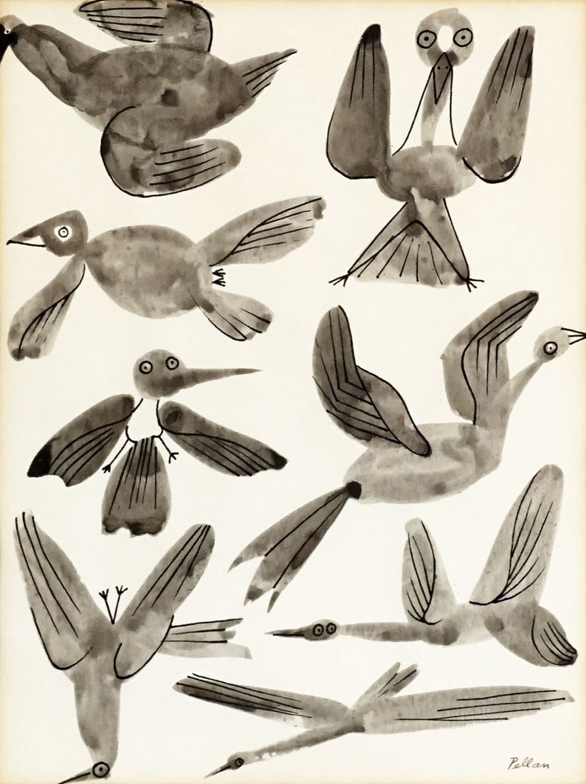 PELLAN, Alfred (1906-1988): Description française: PELLAN, Alfred (1906-1988) "Oiseaux" Encre Signée en bas à droite: Pellan Titrée au dos sur étiquette Provenance: Collection Jean Drapeau, maire de