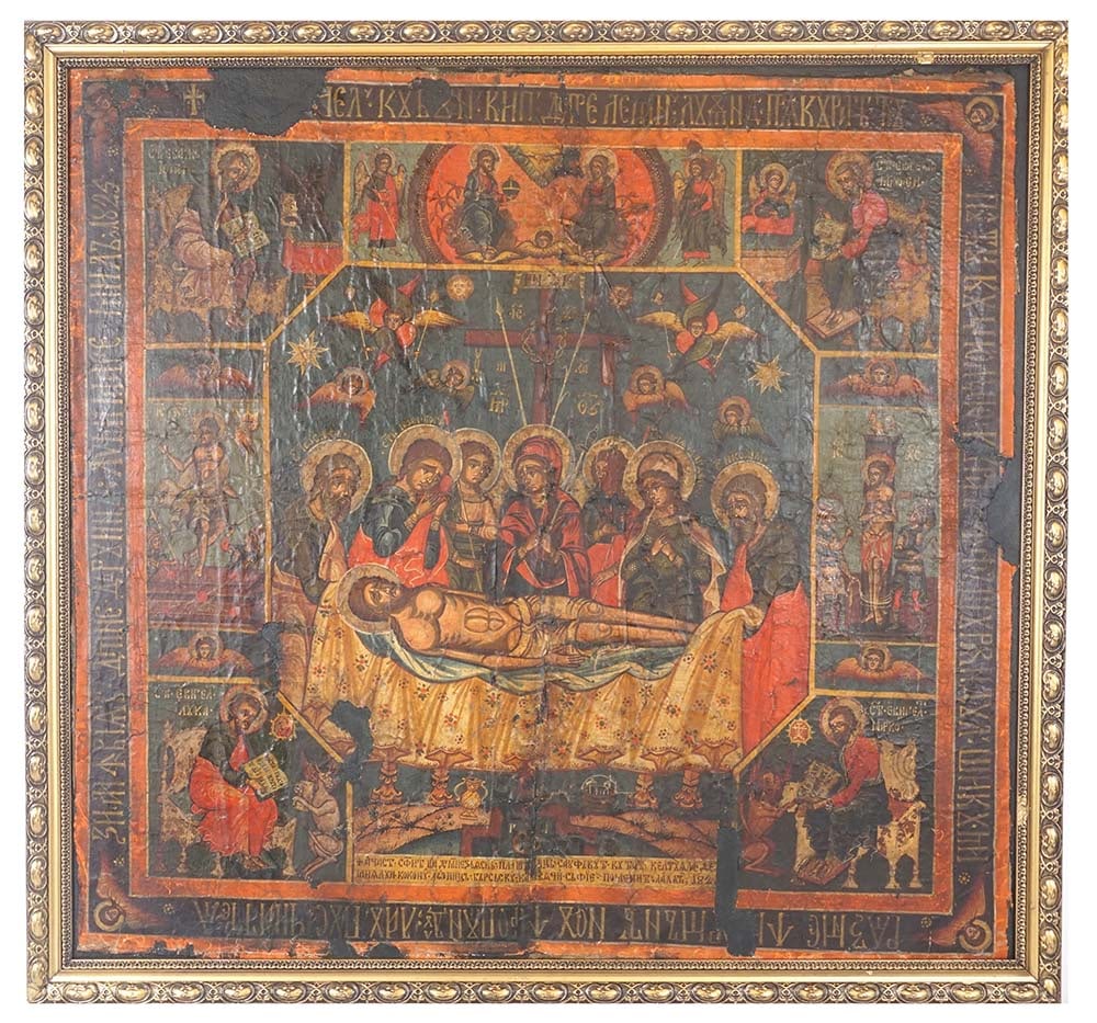 ICÔNE RUSSE, XIXe siècle / RUSSIAN ICON, 19th c.: Description française: ICÔNE RUSSE, XIXe siècle Icône russe représentant la Déposition de croix. Technique mixte sur panneau de bois. Dimensions à vue : 75,5 x 80,5