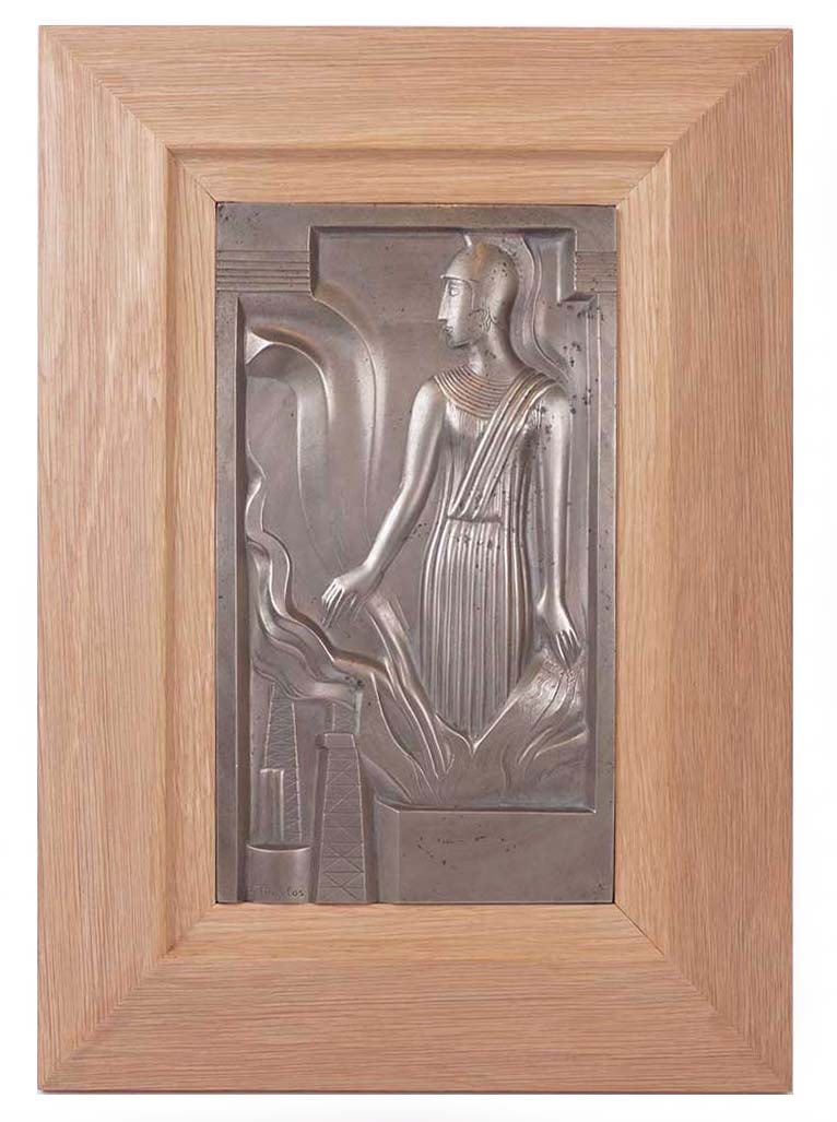 Gustave MIKLOS (1888-1967): Description française: Gustave MIKLOS (1888-1967) Plaque en métal repoussé Art Déco du sculpteur Gustave Miklos, représentant Athéna émergeant des flammes devant un 