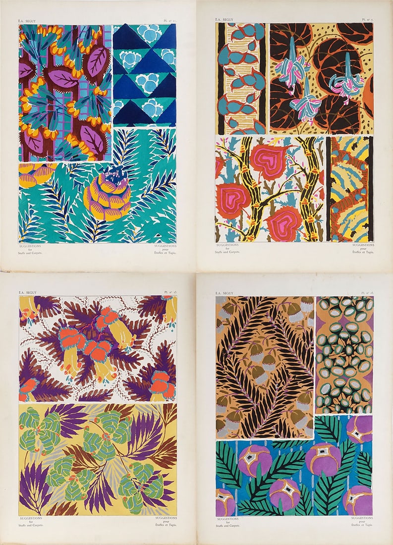 SÉGUY, Emile Allain (1877-1951): Description française: SÉGUY, Emile Allain (1877-1951) "Suggestions Pour Etoffes et Tapis" Plates No 7, 11, 15 & 16 Pochoirs Provenance: Succession G.P., Westmount 45x33cm - 17,75x13" ch