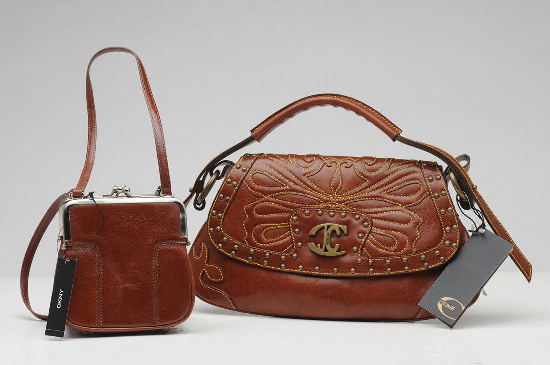 DKNY, ROBERTO CAVALI: Brown leather stitched purse snap fastener under flap. With its dustbag. Also included: a small brown leather DKNY purse.