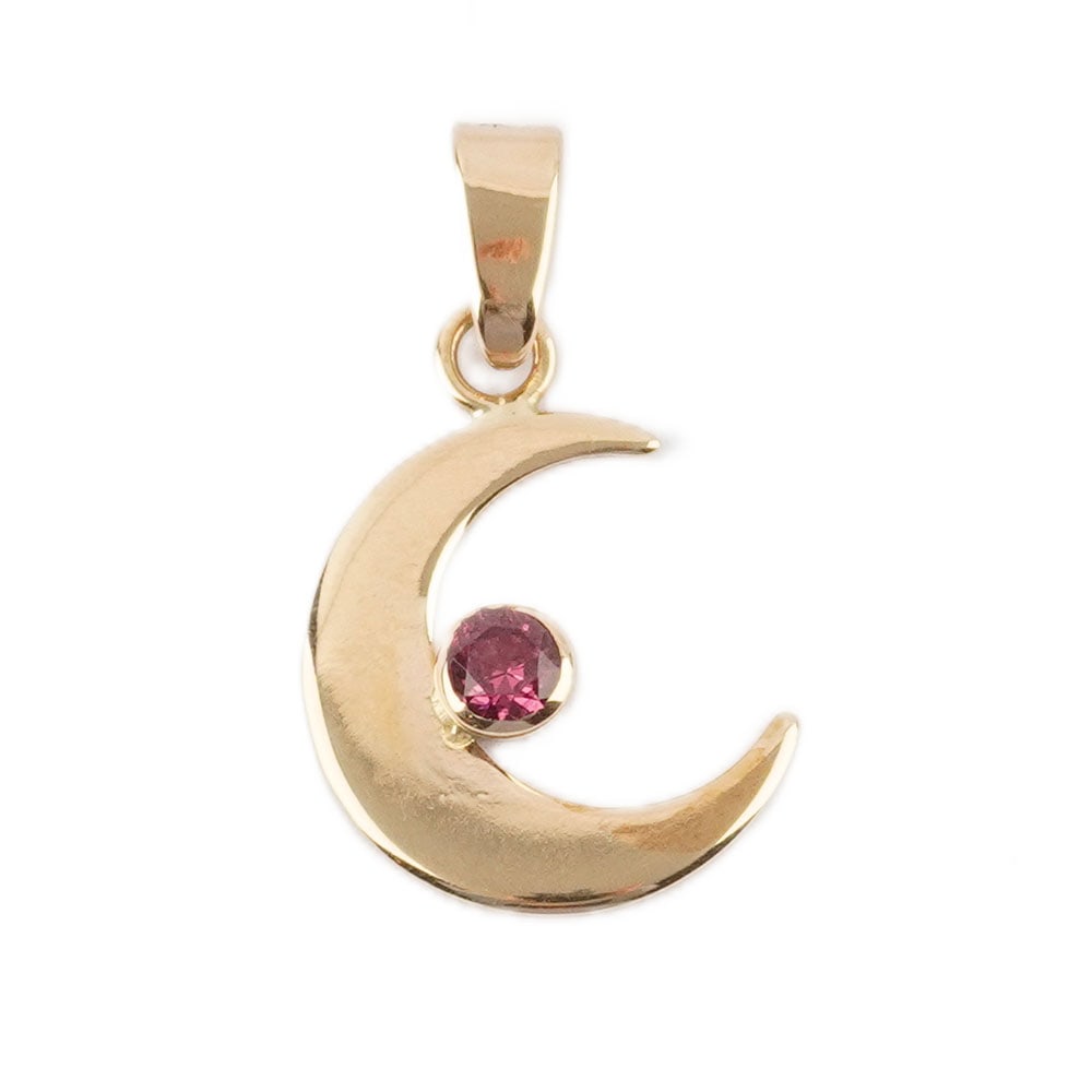 OR 14K, SPINELLE / 14K, SPINEL: Description française: OR 14K, SPINELLE / 14K GOLD, SPINELL Pendentif "Lune croissante" en or jaune 14K sertie d'une spinelle naturelle pesant approximativement 0.29 ct. Poids brut: 1.5 g