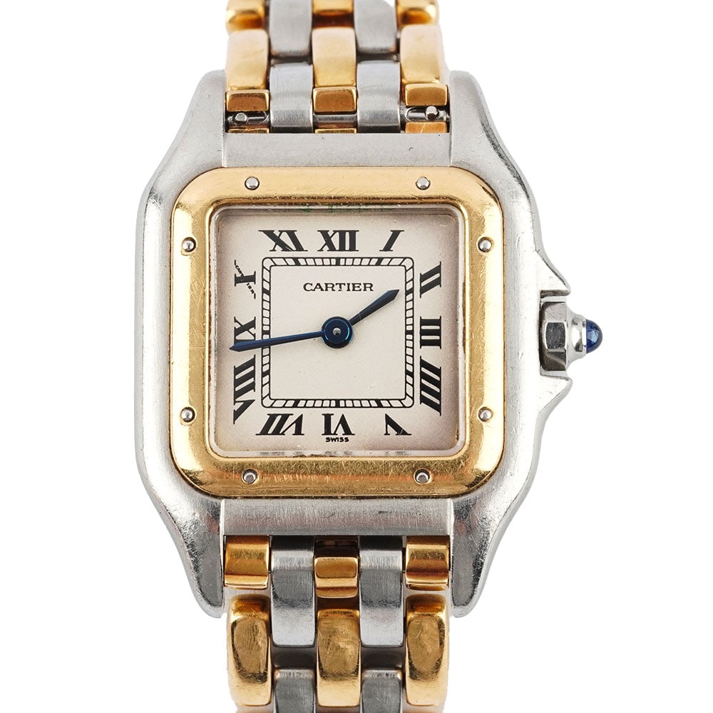 CARTIER PANTHÈRE: Description française: CARTIER PANTHÈRE Montre Cartier Panthère en acier et or jaune, boîtier de 20 x 22 m m, cadran blanc, chiffres romains appliqués pour les heures,