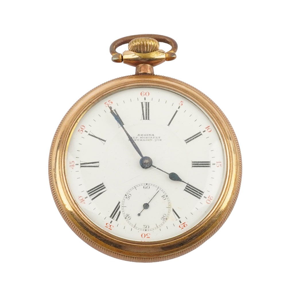 REGINA: Description française: REGINA Montre à gousset Regina, boîtier doré de 50 mm, cadran blanc, chiffres romains appliqués pour les heures,seconde à 6h, mouvement