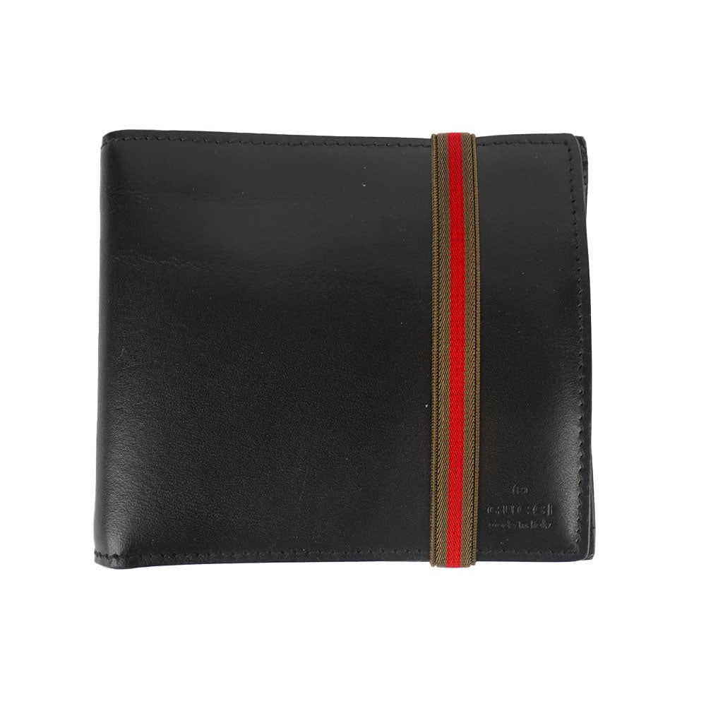 GUCCI: Description française: GUCCI Portefeuilles Gucci en cuir noir, compartiments pour les billets, cartes et monnaies, détails de bande Web. H: 9.5cm - 3.75", L: 10.5 cm - 4.25", P: 1 cm - 0.4"