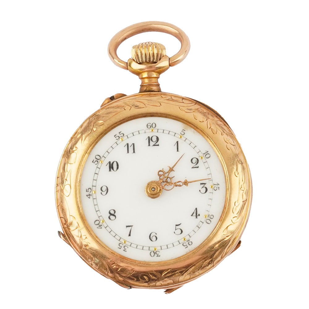 OR 18K / POCKET WATCH: Description française: OR 18K / POCKET WATCH Montre à gousset en or 18K , poinçon de tête de cheval, boîtier de 27 mm, chiffres arabes appliqués pour les