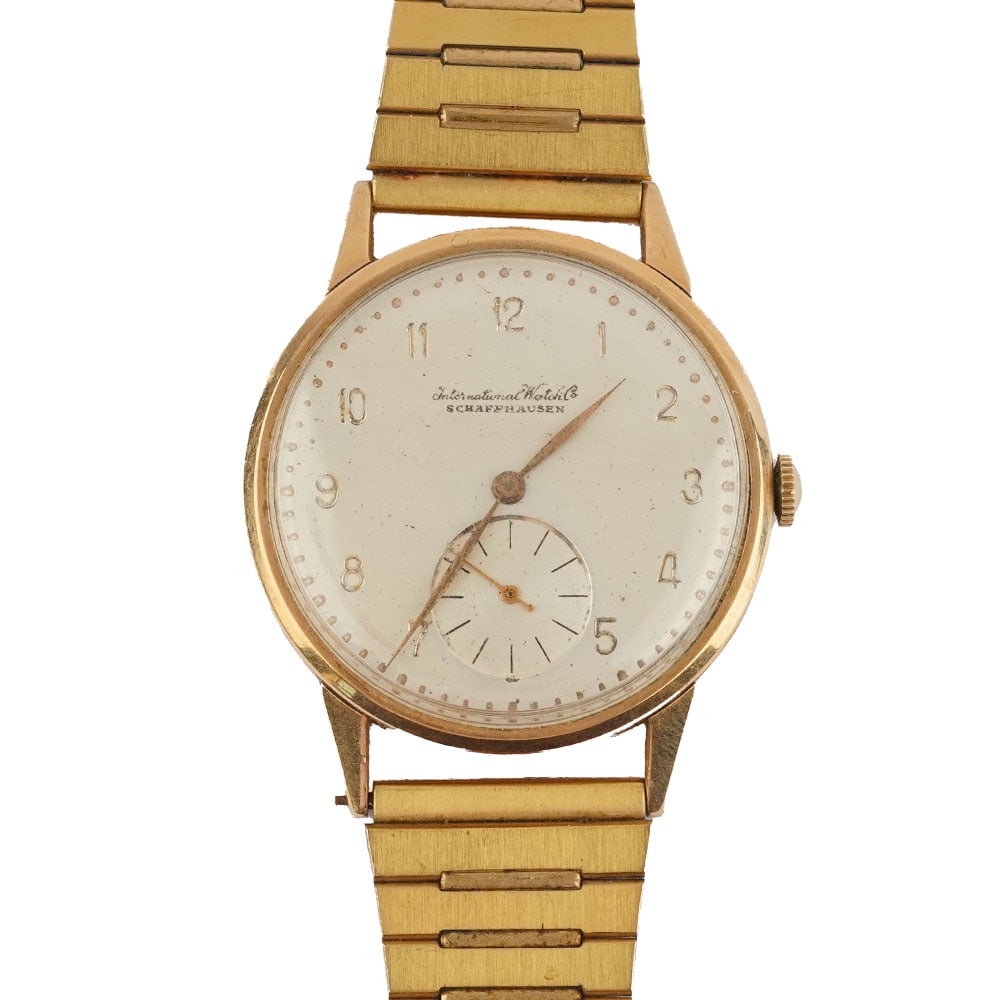 INTERNATIONAL WATCH: Description française: INTERNATIONAL WATCH Co Montre International Watch Schaffhausen, boîtier en or 14K de 35 mm, cadran argenté, chiffres arabes appliqués pour les heures, second