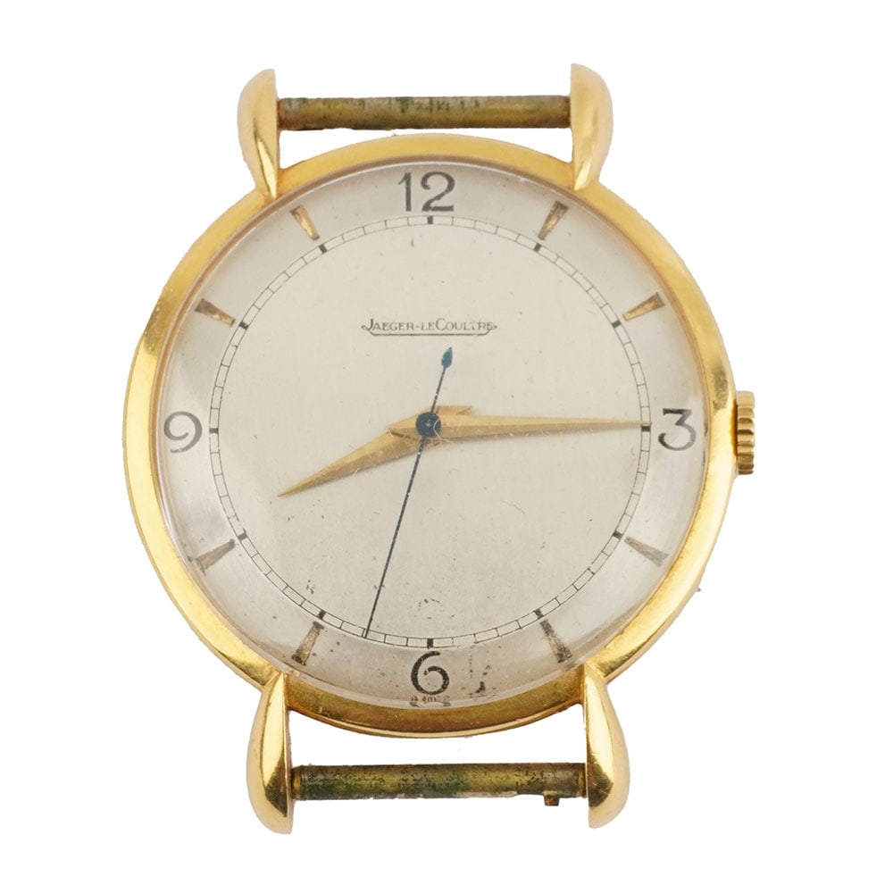 JAEGER-LECOULTRE: Description française: JAEGER-LECOULTRE Boîtier Jeger-Lecoultre en or 18K de 35 m , cadran argenté, index mixtes appliqués pour les heures, mouvement mécanique à remontag