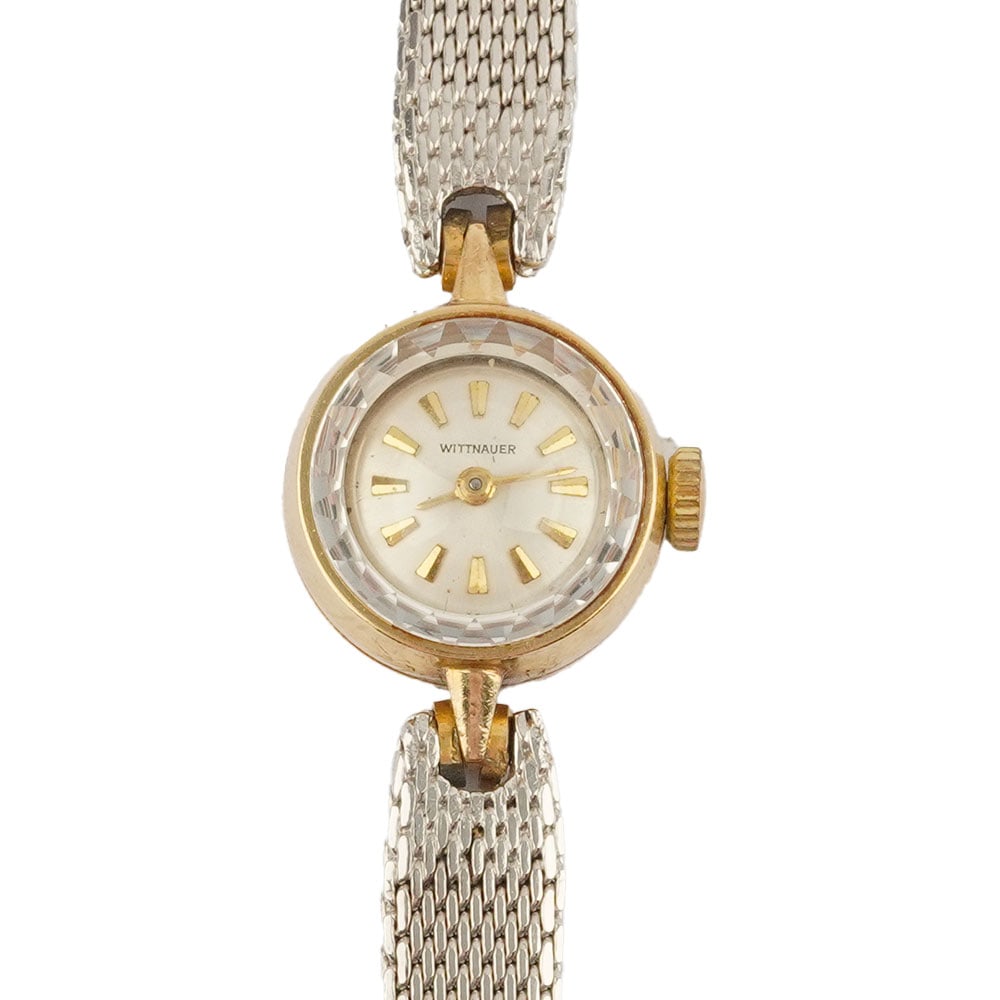 WITTHAUER: Description française: WITTHAUER Montre de Witthauer de dame, boîtier rond en or jaune 14K de 16 mm, cadran argenté, index bâtons appliqués pour les heures, mouvement