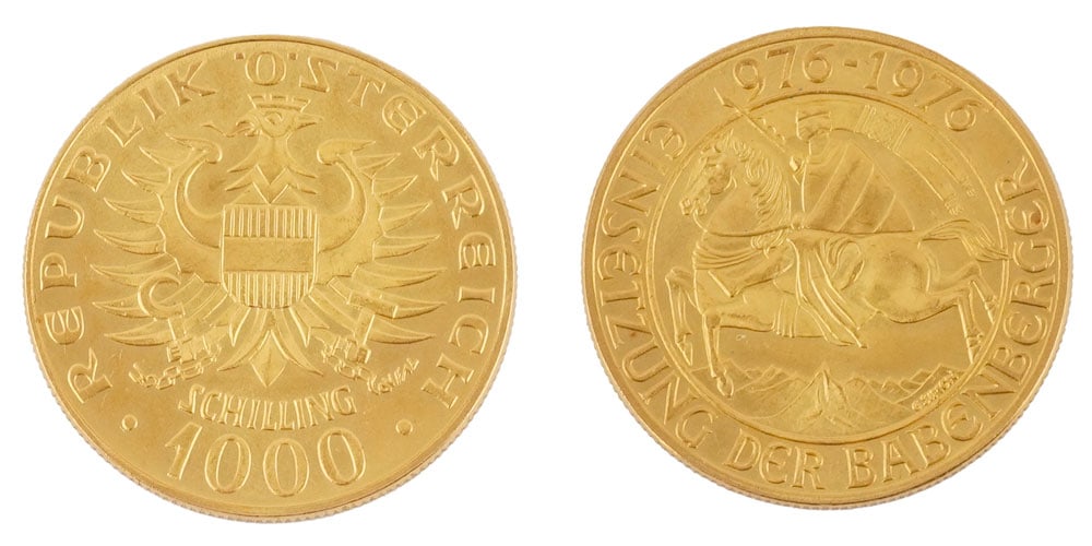 1000 SCHILLING 976-1976: Description française: 1000 SCHILLING 976-1976 Une pièce de monnaie de 1000 Schlling de 1976 en or 0.900 connue sous le nom de « mille d'or », frappée par la Monnaie