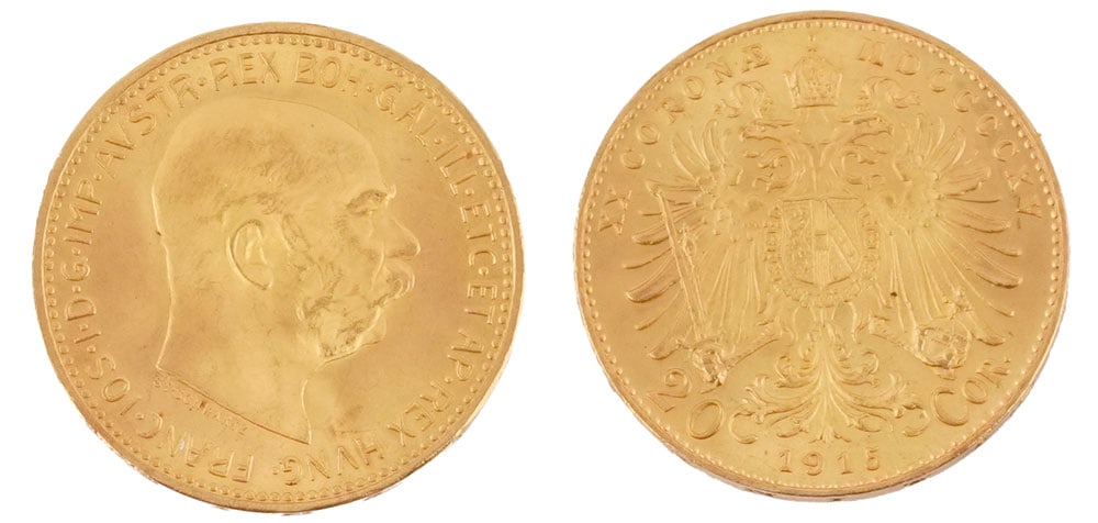 20 COURONNES 1915: Description française: 20 COURONNES 1915 Une pièce de monnaie de 20 couronnes autrichienne de 1915 en or 0.900. Poids brut: 6.75 g English Description: 20 CROWNS 1915 An Austrian 20 crown