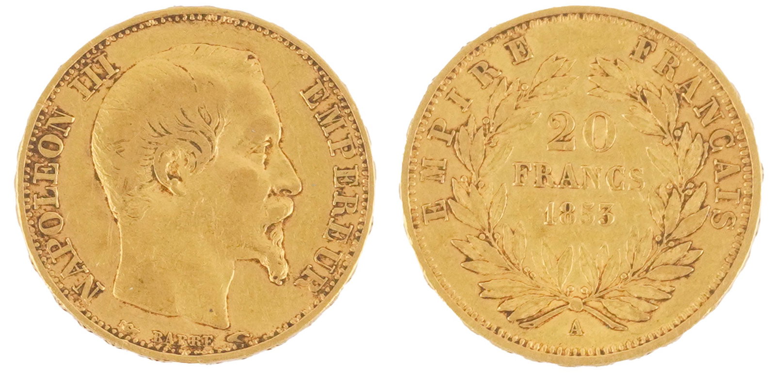 NAPOLEON III 1853: Description française: NAPOLEON III 1853 Une pièce de 20 francs Napoleon III de 1853 en or 0.900, poids 6.45 g English Description: NAPOLEON III 1853 A 20 franc Napoleon III coin from 1853 i
