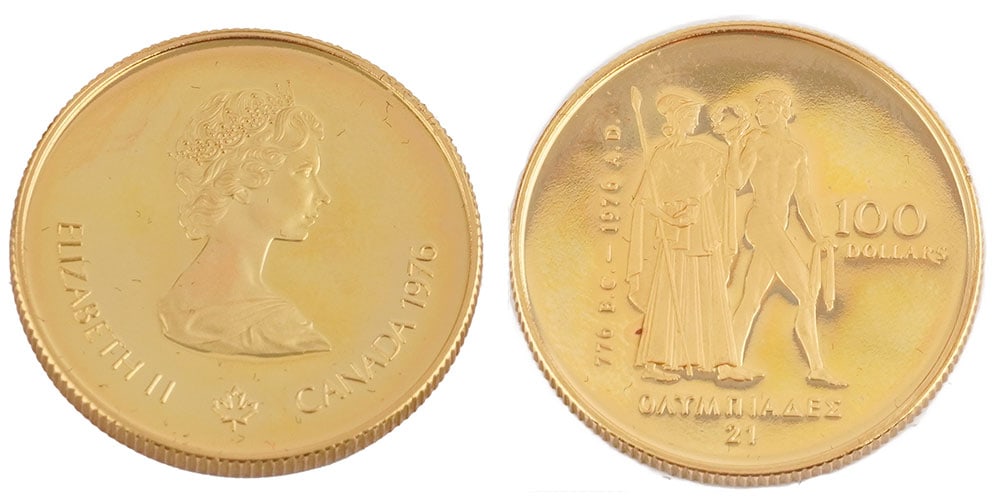 100$ CANADA / 0.917 GOLD: Description française: 100$ CANADA / 0.917 GOLD Une pièce de monnaie Olympique de 100$ Canada de 1976 en or 0.917, poids 16.97 g Boîte d’origine et certificat D69621 English