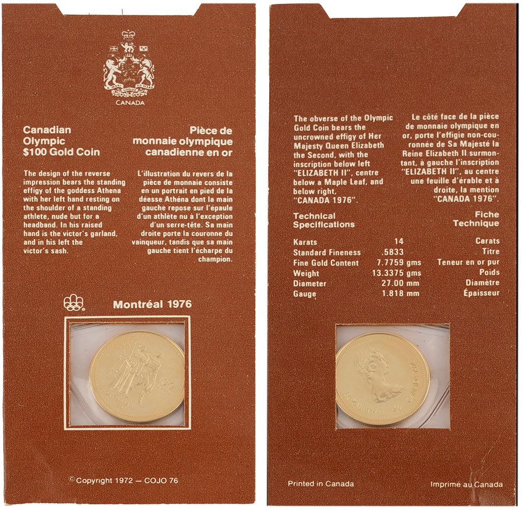 100$ CANADA / 14K GOLD: Description française: 100$ CANADA / 14K GOLD Une pièce de monnaie Olympique de 100$ du Canada de 1976 en or 14K, poids 13.34 g Étui d’origine English Description: 100$ CANADA /