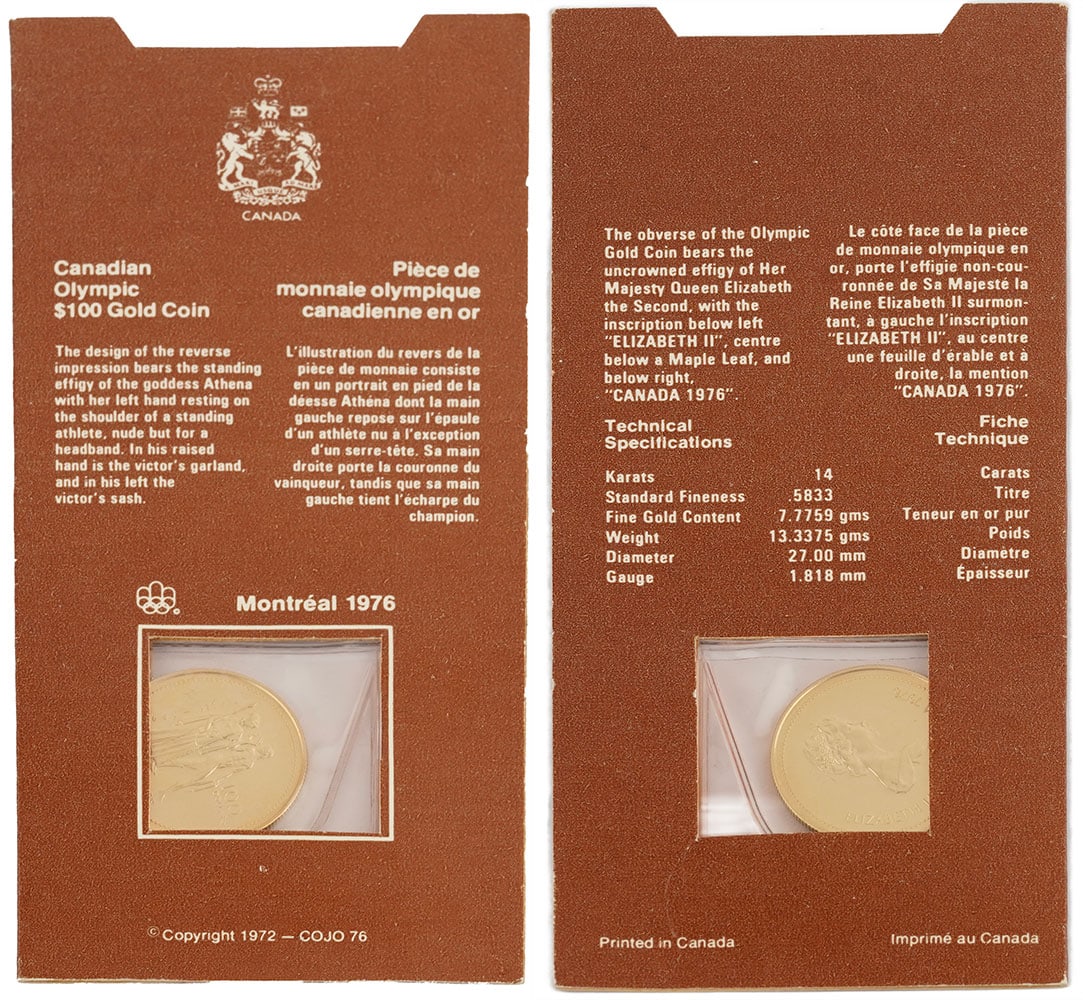 100$ CANADA / 14K GOLD: Description française: 100$ CANADA / 14K GOLD Une pièce de monnaie Olympique de 100$ du Canada de 1976 en or 14K, poids 13.34 g Étui d’origine English Description: 100$ CANADA /