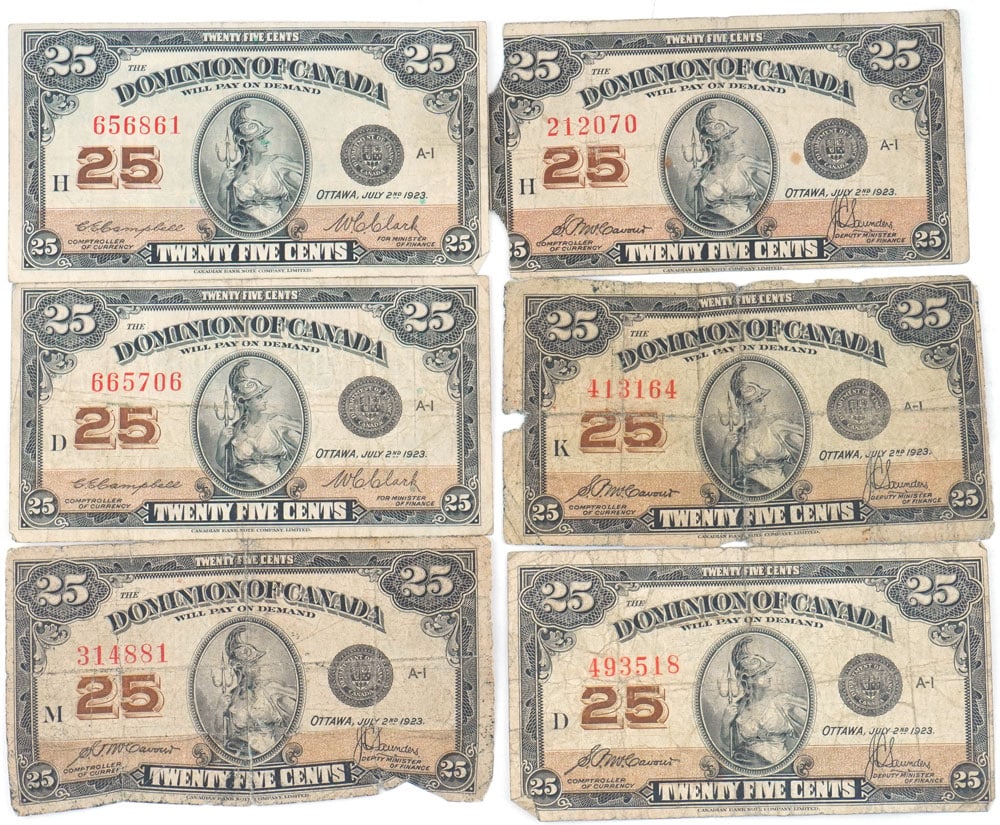 DOMINION OF CANADA: Description française: DOMINION OF CANADA Lot de 6 billets de 25$ Dominion of Canada du 1923 English Description: DOMINION OF CANADA Lot of 6 Dominion of Canada $25 notes from 1923