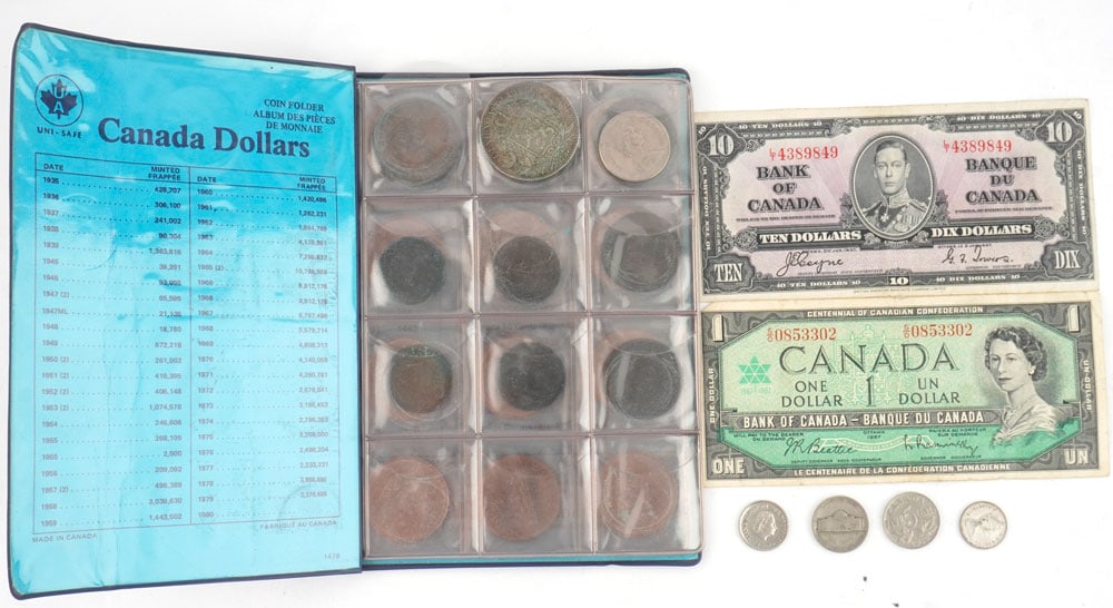 MONNAIES DU CANADA / CANADIAN COINS: Description française: MONNAIES DU CANADA Lot comprenant: - un billet de 10$ du 1937, - un billet de 1 $ du 1967, - album comprenant: - 5 francs Leopold II Roi Des Belgues, 1873, - one penny Bank