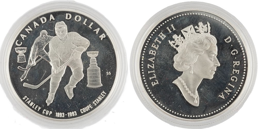 1$ CANADA - STANLEY: Description française: 1$ CANADA - STANLEY CUP 1993 Une pièces de 1$ de 1993 commémorant 100ème anniversaire de la coupe Stanley, argent 0.925, poids 25.17 g Boîte d'origine