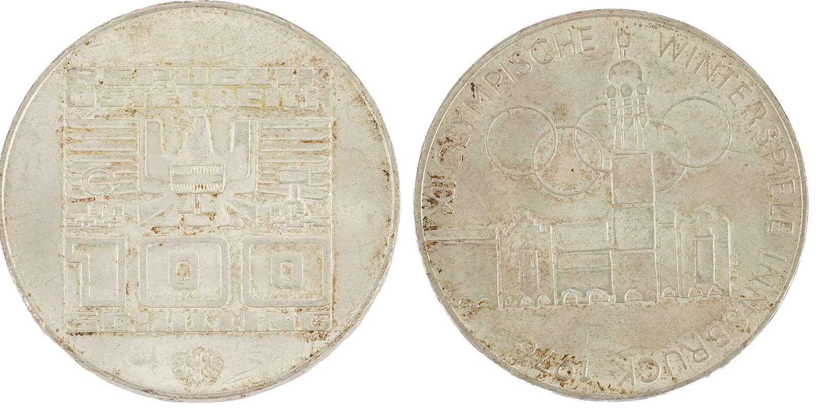 100 SCHILLING 1976: Description française: 100 SCHILLING 1976 Une pièce de monnaie de 100 Schilling en argent 0.640, Les Jeux Olympiques d'hiver à Innsburck de 1972 Poids brut: 24.1 g English Description: