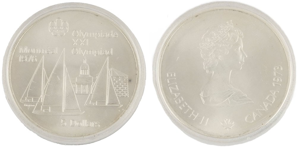 5$ CANADA 1973: Description française: 5$ CANADA 1973 Une pièce de monnaie de 5 dollars de 1973en argent 0.925, Les Jeux Olympiques de Montrèal 1976 Poids brut: 24.3 g English Description: $5 CANADA