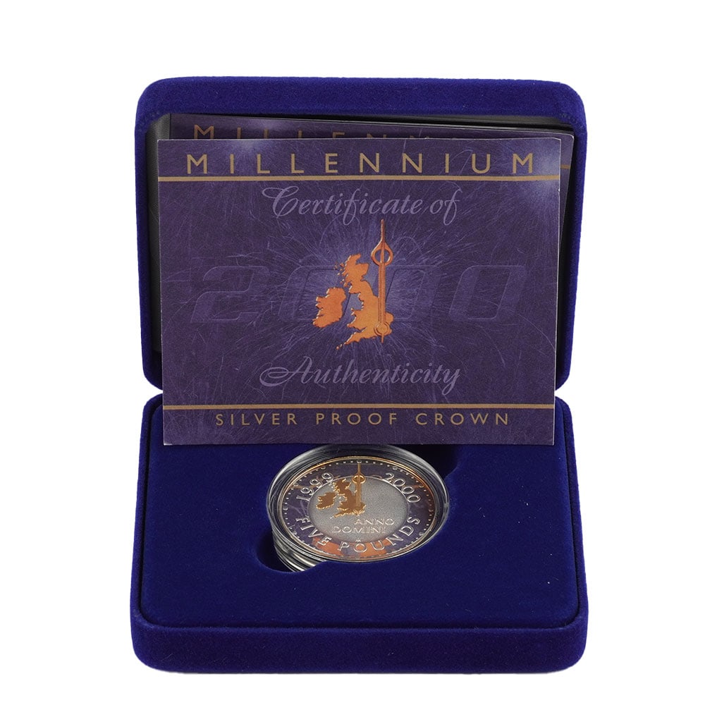 FIVE POUNDS 1999-2000: Description française: FIVE POUNDS 1999-2000 / 999.9 SILVER Une pièce de five pounds en argent 999.9 et or 22K, édition limitée de 50 000 examplaire, poids 28.28 g Boîte