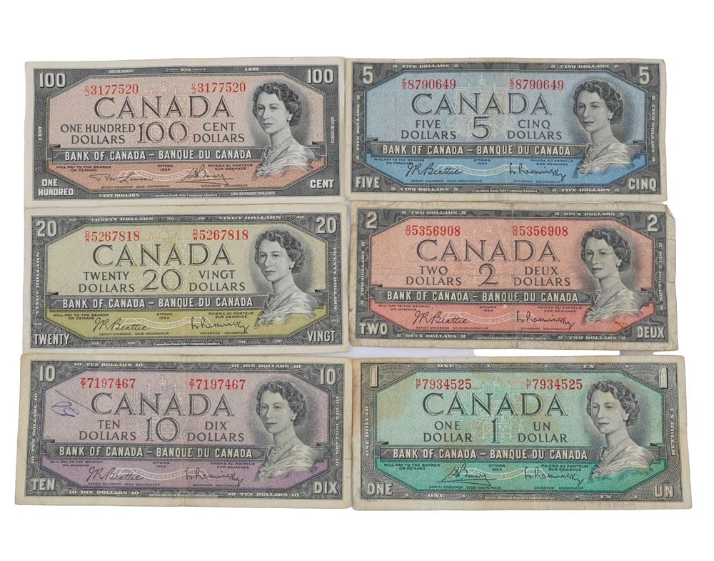 CANADA 1954: Description française: CANADA 1954 Lot comprenant des billets de 100 $, 20$, 10$, 5$, 2$, 1$ du Canada de 1954 English Description: CANADA 1954 Lot including $100, $20, $10, $5, $2, $1 notes