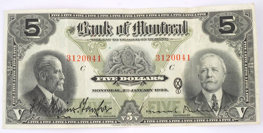 5$ CANADA 1923: Description française: 5$ CANADA 1923 Un billet de 5 dollars de la Banque de Montréal du Canada, daté du 2 Janvier 1923 English Description: 5$ CANADA 1923 A 5 dollar bill from the Bank