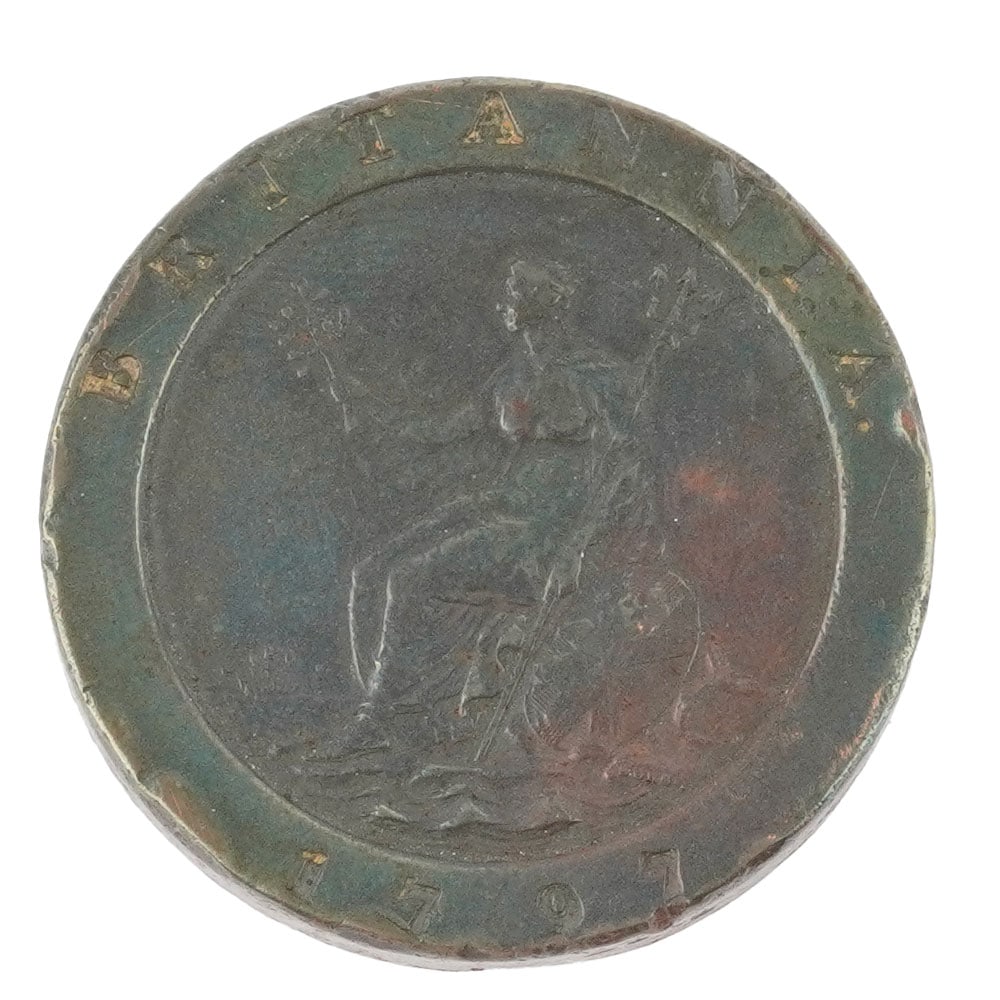 GEOERGES III 1797: Description française: GEOERGES III 1797 Une pièce de monnaie de 2 pence de 1797 " Carthwheel", profil de Georges III D.G.REX Au verso: Britannia, 1797. Poids brut: 57.1 g Diamètre: 41