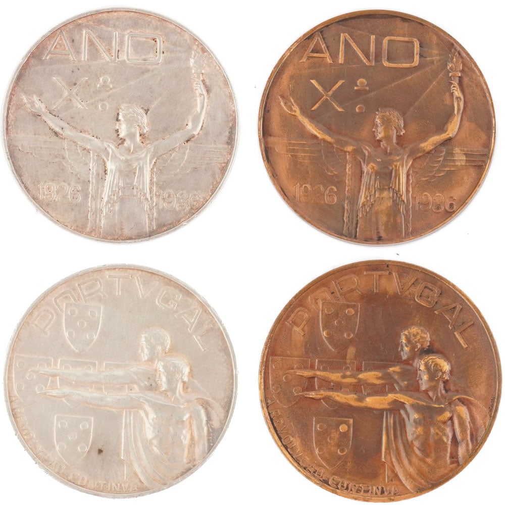 M.NORTE: Description française: M.NORTE Deux médailles commémoratives en argent et bonze du 10ème annivarsaire de l'Estado Novo (1926-1936), Portugal Poids brut: 18.0 g ( médaille en