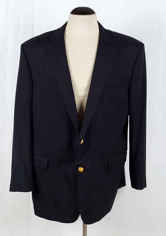BROOKS BROTHERS: Description française: BROOKS BROTHERS Veste tailleur de laine noire avec fermeture à deux boutons de métal doré dont les mêmes ornent les poignets. Taille 46R English