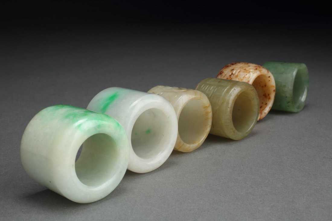 JADE - Canadian Family: FROM A PROMINENT CANADIAN FAMILY SET OF SIX JADE AND JADEITE ARCHER RINGS CHINA D (the biggest): 3.2cm - 1 1/4''