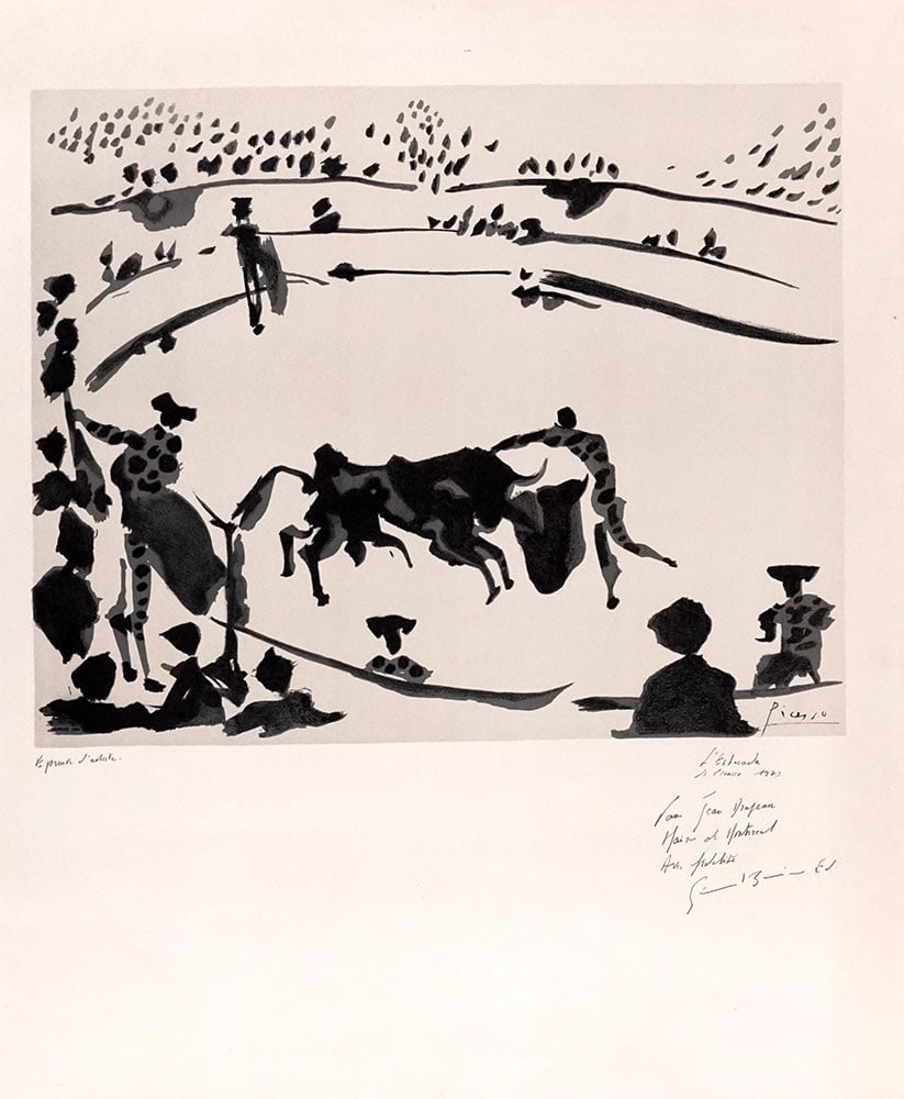 D'après / After Pablo PICASSO (1881-1973): Description française: D'après Pablo PICASSO (1881-1973) "L'estocade de Picasso" Lithographie Titrée, datée, signature illisible et dédicacée en bas à droite: Pour J