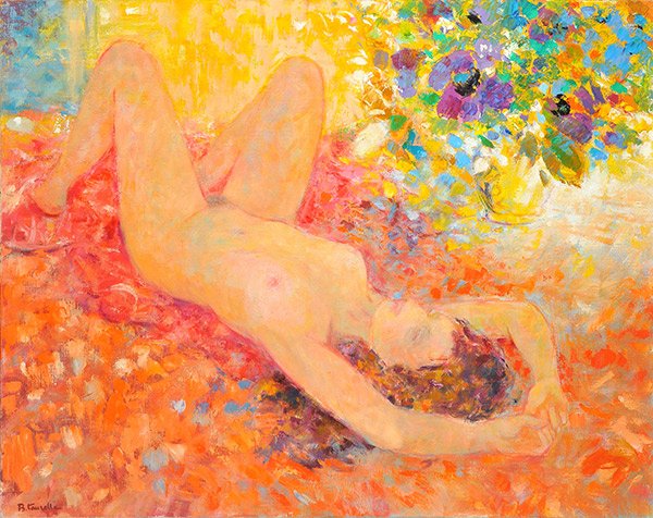 TAURELLE, Bernard (1931-): TAURELLE, Bernard (1931-) "La couverture rouge" Oil on canvas Signed on the lower left: B. Taurelle Titled and dated on the reverse: 1991 73x92cm - 28.75x36.25"