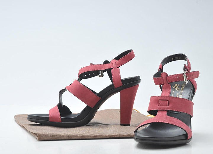 DONALD J PLINER: Pair of pink suede heeled sandals. Size: 6 1/2.