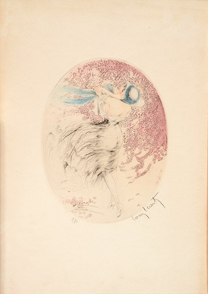 ICART, Louis (1888-1950): ICART, Louis (1888-1950) Young woman with blue scarf Etching Signed on the lower right: Louis Icart Inscription on the lower left: 271 Inscription in the plate on the upper left: Publié par l'Estampe