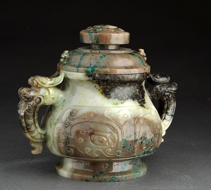 HARD STONE ENSCENCE BURNER WITH COVER: HARD STONE ENSCENCE BURNER WITH COVER, 2 openwork handles shaped in the form of dragon heads. H: 13.5Ccm - 5.25" E: 200 / 300