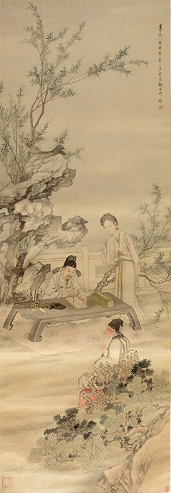 PAINTING ON SILK ON A SCROLL: PAINTING ON SILK ON A SCROLL decorated with an old man and a woman looking a scholar. Calligraphic inscriptions. H: 61cm - 24" E: 200-300