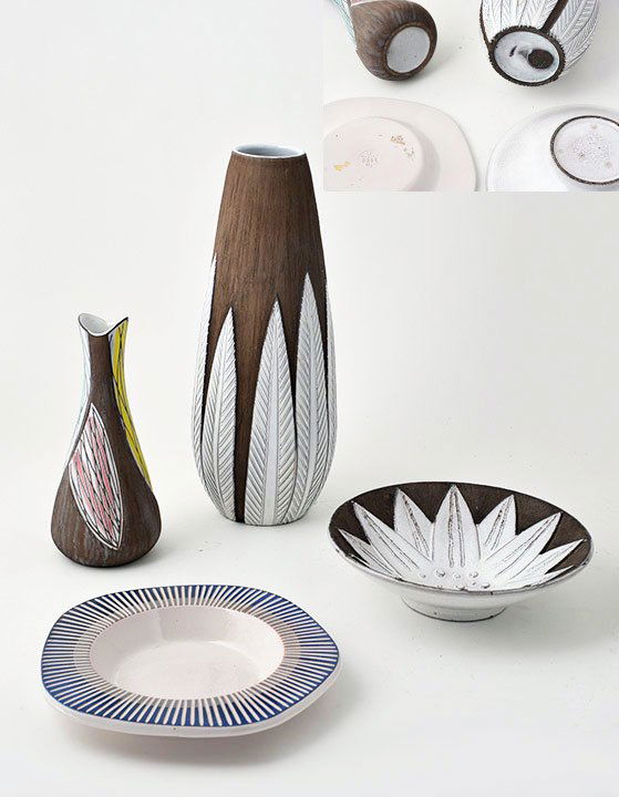 SIMMULSON, ATTERBERG, THOMSON Sweden 1960's: Set of Swedish ceramics comprising: a stoneware vase with "Sagrina" yellow matte glaze pattern, pink, blue to white enamel interior. Designed by Mari Simmulson for Upsala Ekeby, Swedish factory. Signe