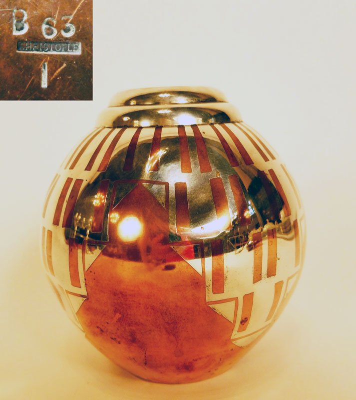 CHRISTOFLE: Vase decorated in Art Deco silver style on copper background. Hallmarked on the bottom "Christofle" and numbered B63. H: 15cm-6" P/D: 14cm-5.5"