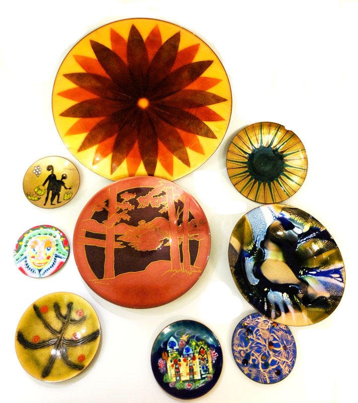 JULES PERRIER, GUY FROMENT: Collection of 9 enamel on copper, several signed by Jules Perrier and Guy Froment. Diameter of the largest : 30cm - 12''