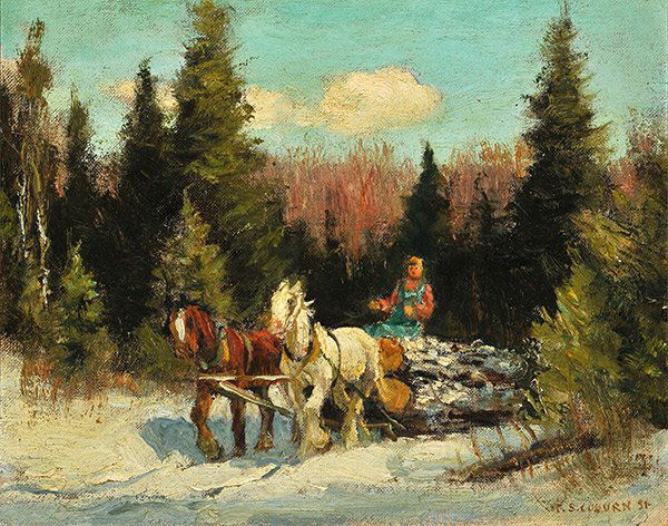 COBURN, Frederic Simpson (1871-1960): COBURN, Frederic Simpson (1871-1960) "The logging team" Huile sur panneau Signed and dated on the lower right: F.S. Coburn 51 Titled on the reverse on a label from the Watson Art Galleries 23x28cm - 9