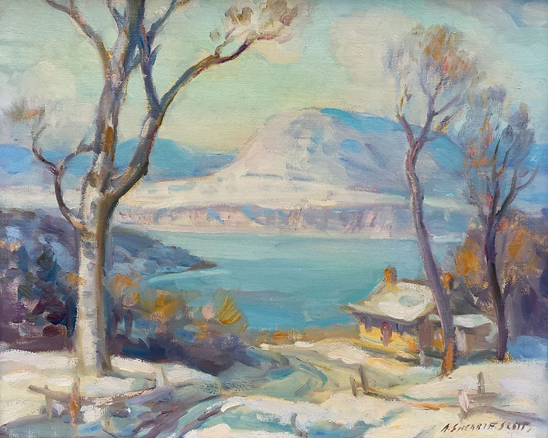 SHERRIFF-SCOTT, Adam (1887-1980): SHERRIFF-SCOTT, Adam (1887-1980) "Hiver dans les Laurentides" Oil on canvas Signed on the lower right: A. Sherriff-Scott Titled on the reverse on a label 41x51cm - 16x20"