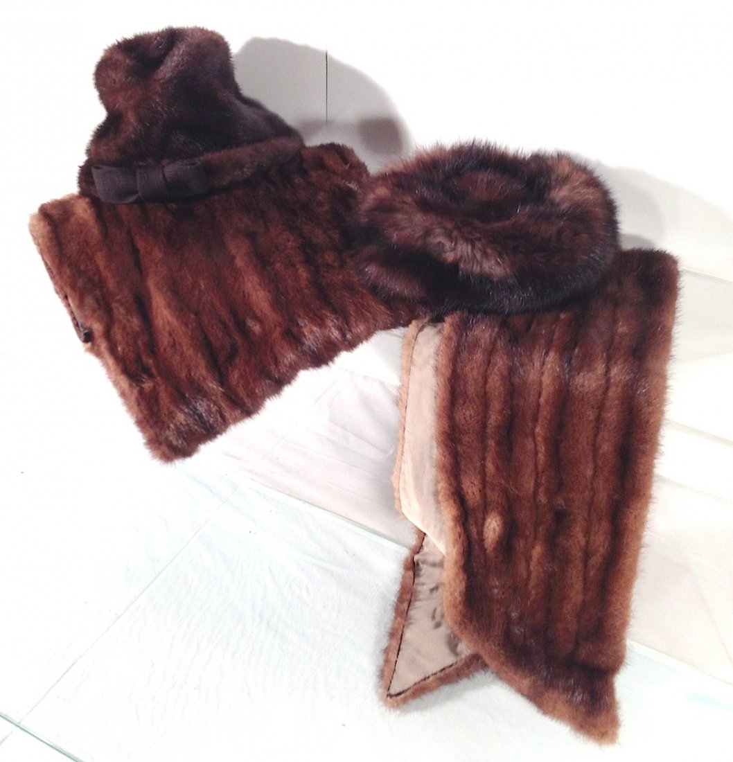 MINK: Group of mink fur accessories including two hats, one sleeve and one stole.